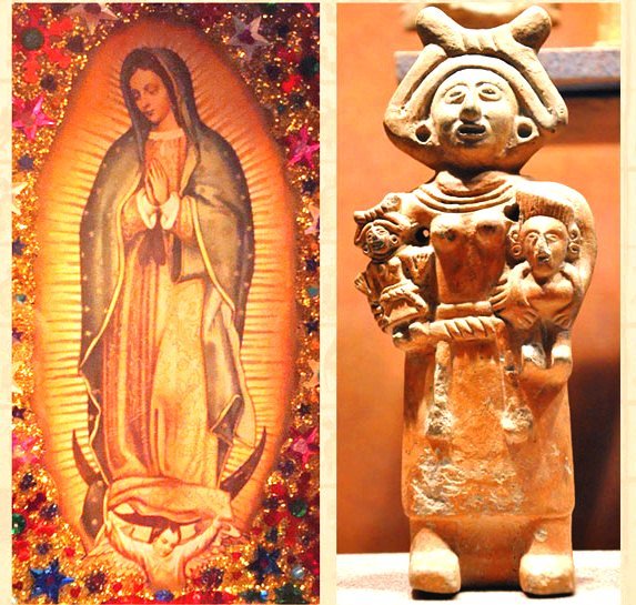 Understand the prehispanic presence in Mexican Catholicism -- here: the Virgen Guadalupe and Tonantzin, the prehispanic goddess whose temple was on the site where the Virgen was later sighted.